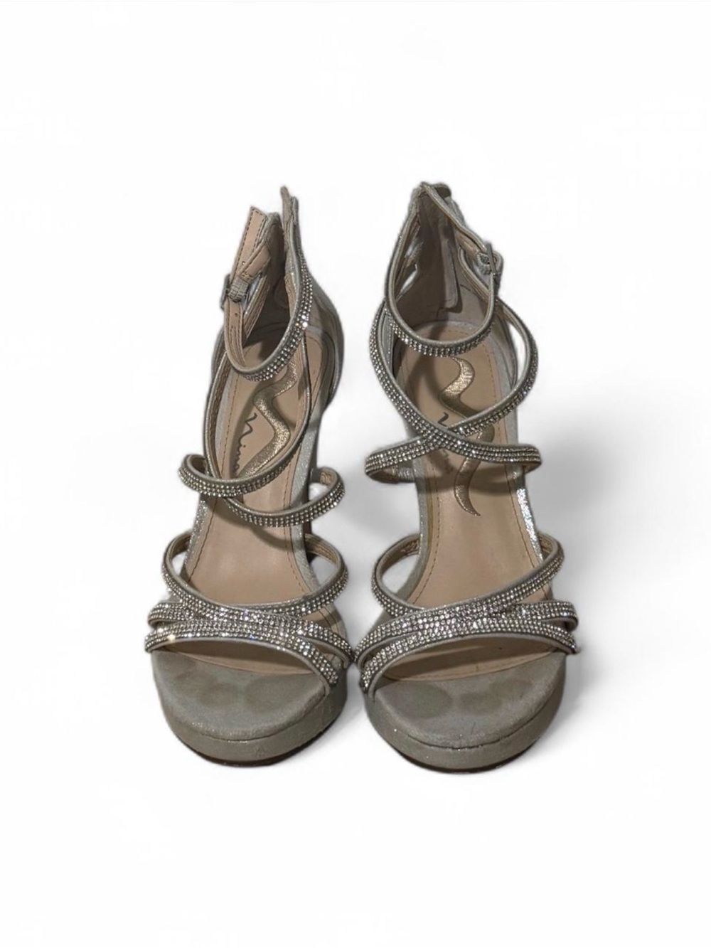 Nina Silver Strappy Heels with Rhinestones